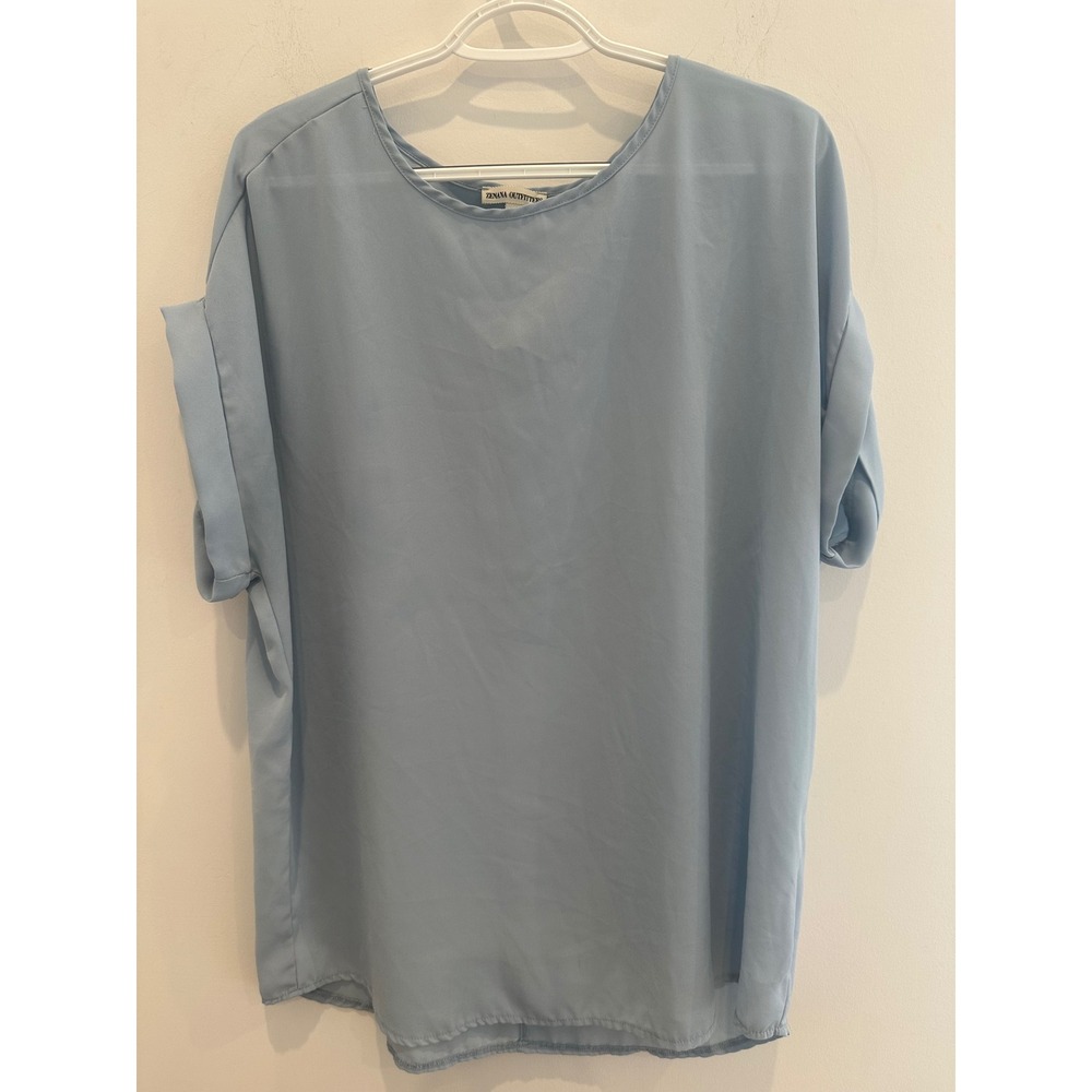 Zenana Outfitters Light Blue Short Sleeve Cuffed Blouse Top QT-2500X Plus 1X